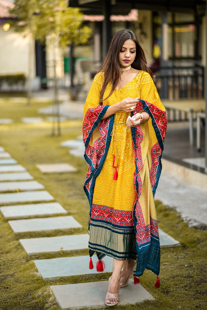 Yellow  Color Unique And Amazing pure Gaji silk Kaftan