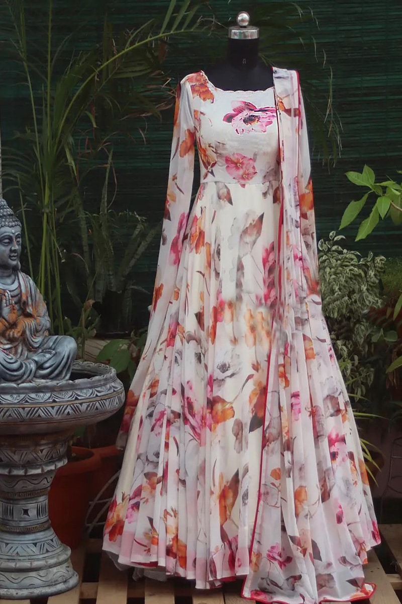 White Color Georgette Full Stitched Floral Gown