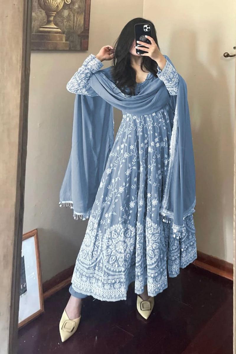 Sky Blue Designer Embroidery Georgette Anarkali Gown