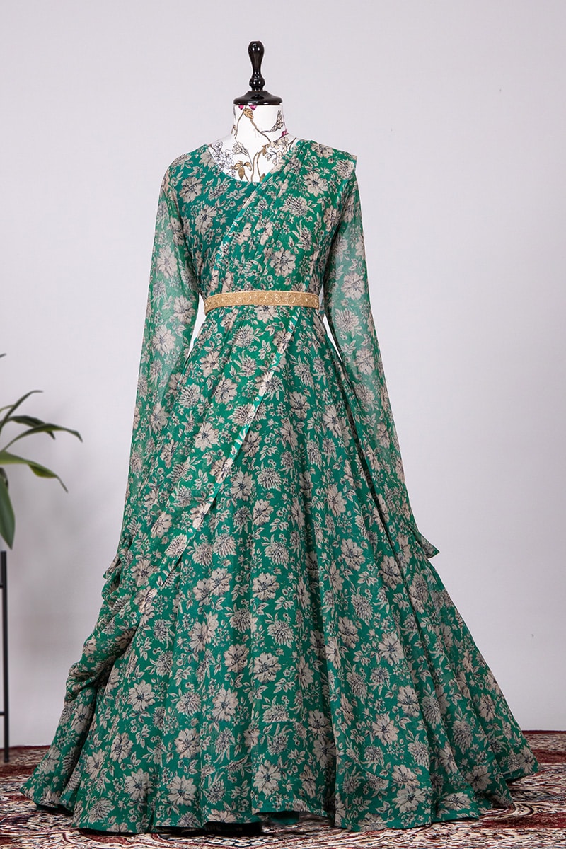 Green Georgette Printed Gown With Fancy Belt