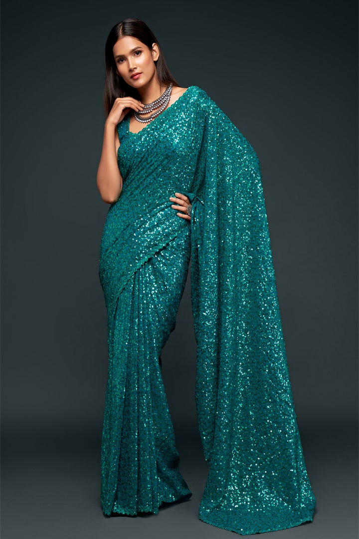 Teal Blue Color Designer Multipal Sequence Embroidery Georgette Saree