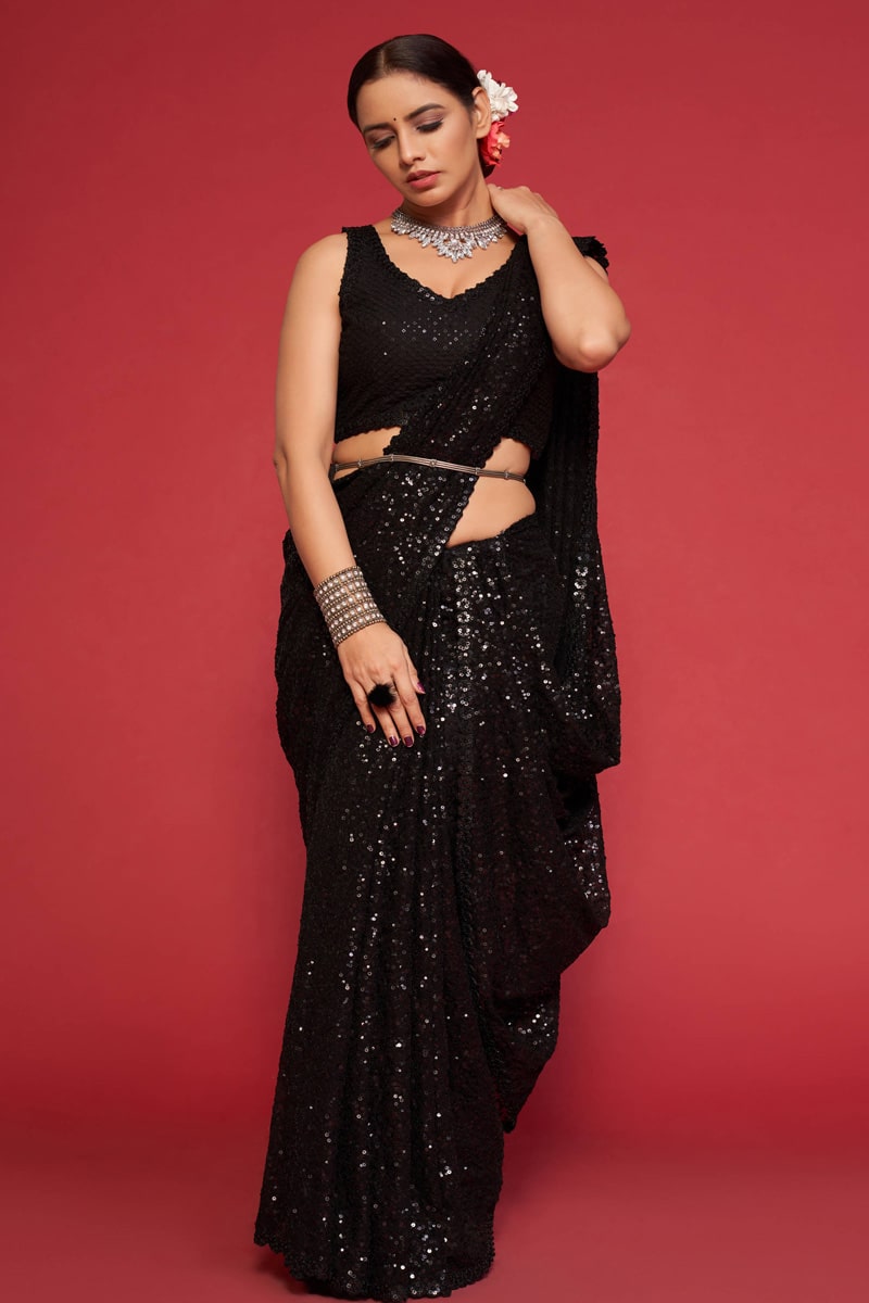 Black Color Designer Multipal Sequence Embroidery Georgette Saree