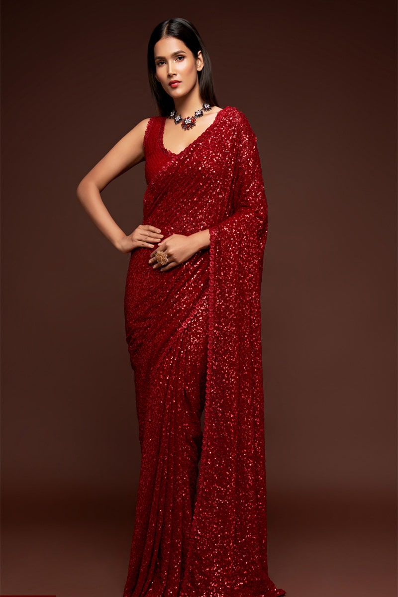 Ruby Red Color Designer Multipal Sequences Embroidery Georgette Saree