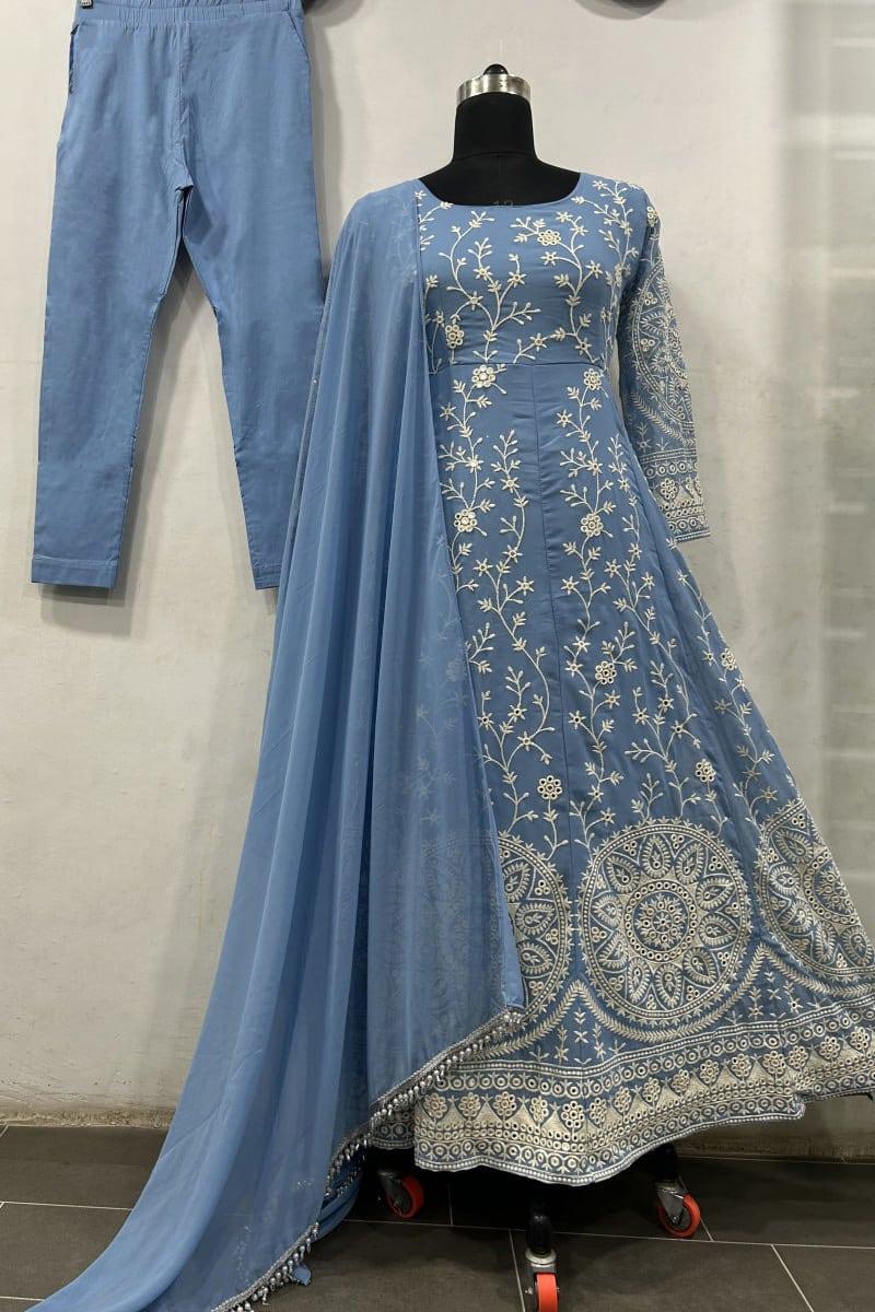 Sky Blue Designer Embroidery Georgette Anarkali Gown