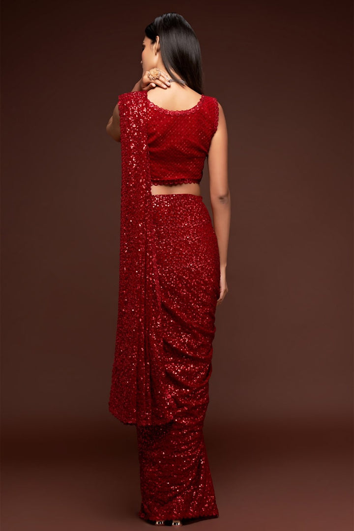 Ruby Red Color Designer Multipal Sequences Embroidery Georgette Saree