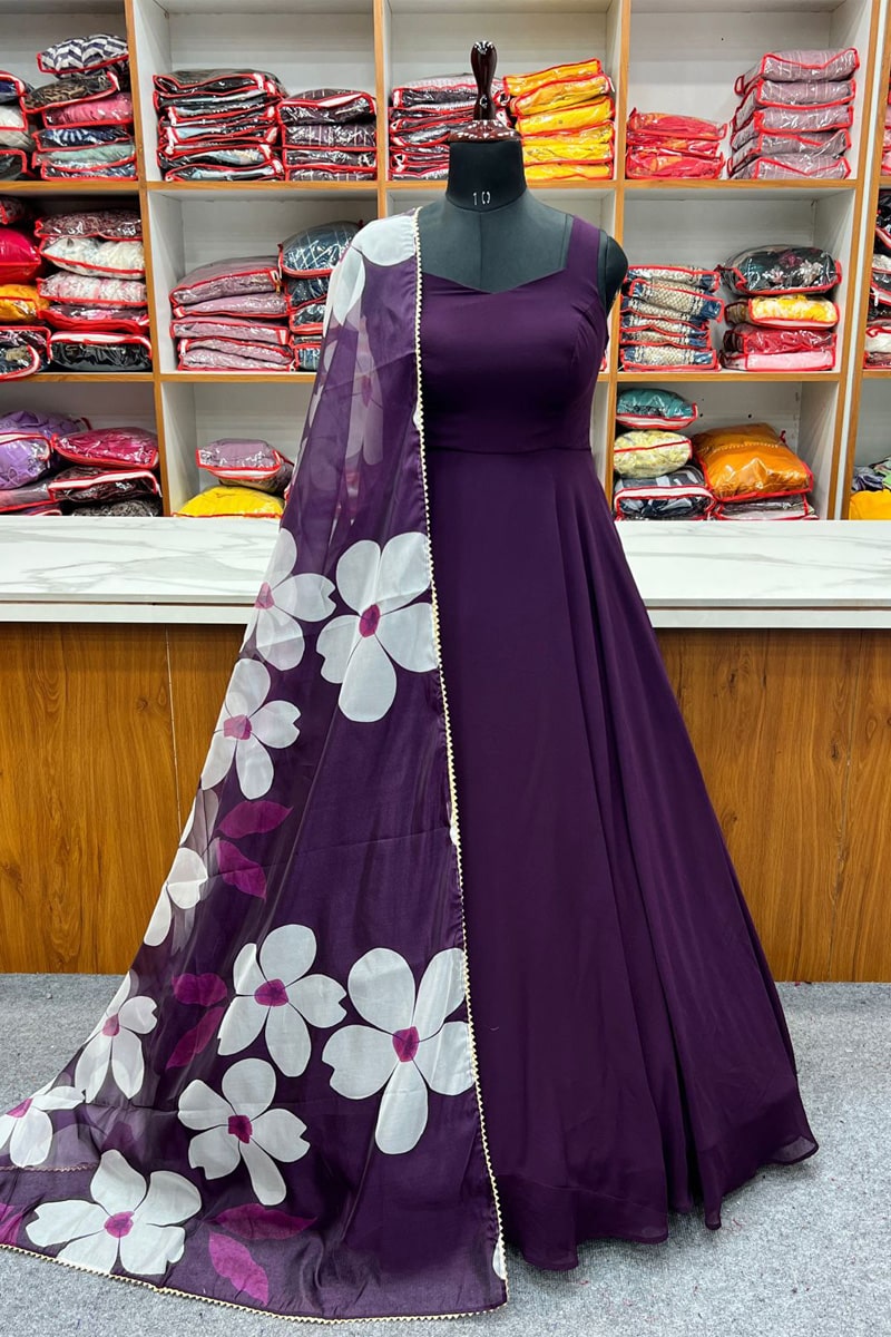 Wine Color Pure Soft Fox Georgette Fully Flair Gown