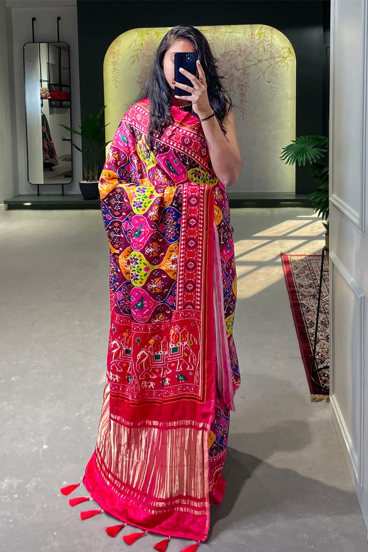 Lagdi Patta Multi Color Pure Gaji Silk Patola Printed Saree