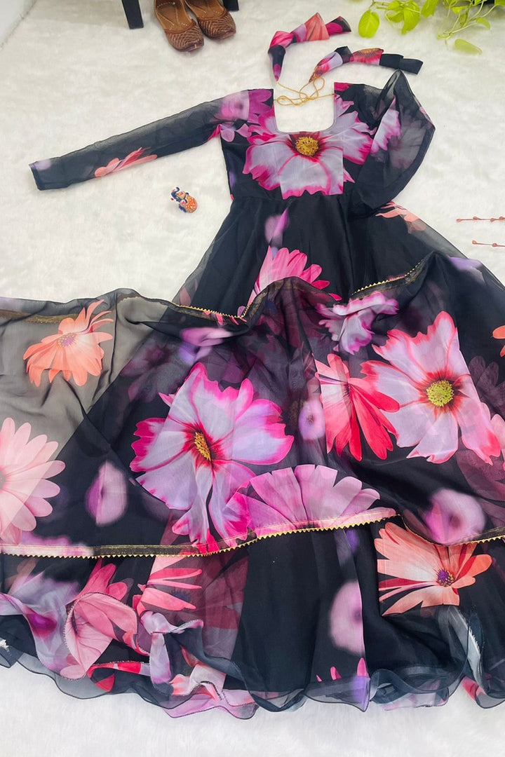 Floral Black Organza Tebby Silk Anarkali Gown With Dupatta