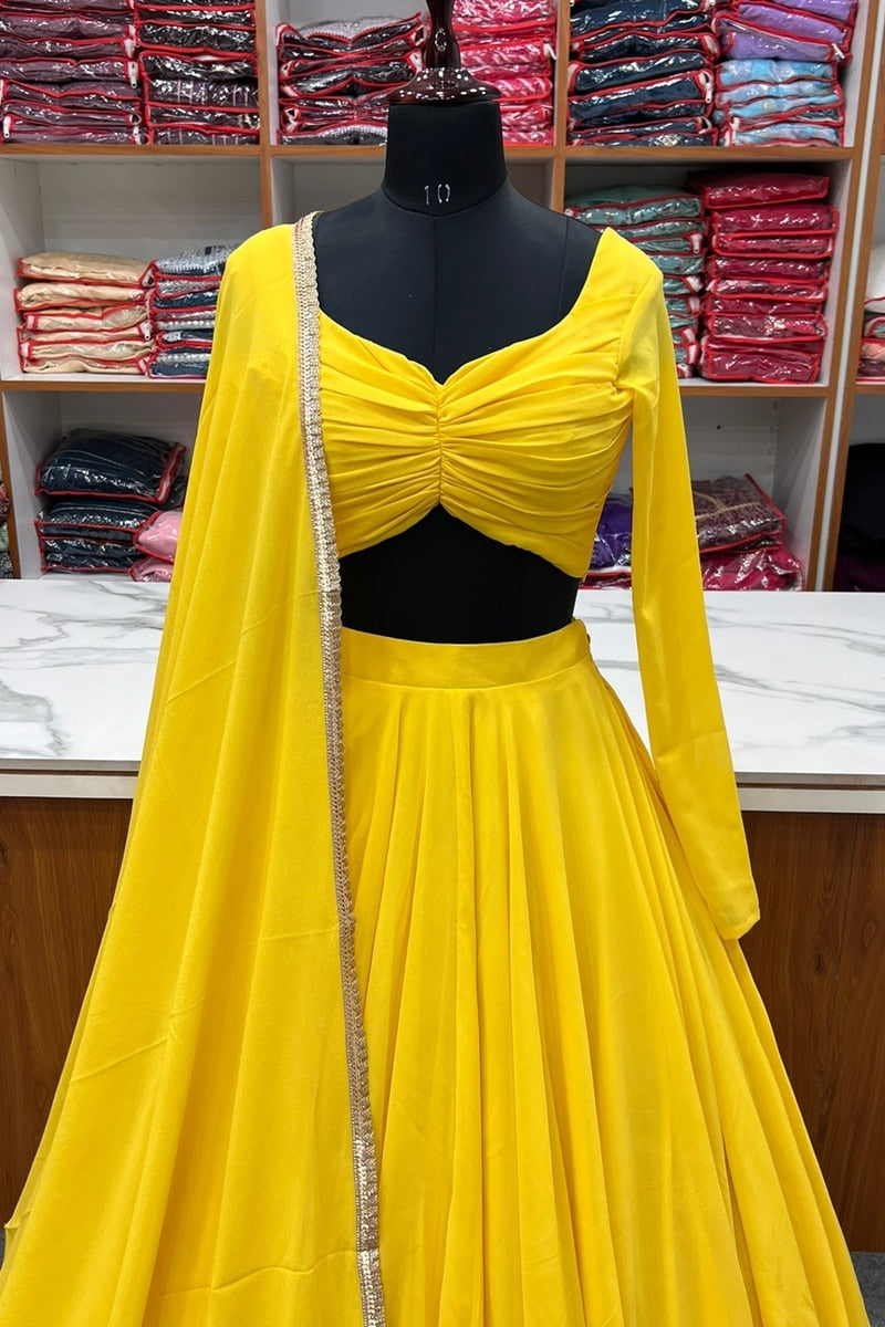 Full Flairy Full Stitched Yellow Designer Georgette Lehenga Choli