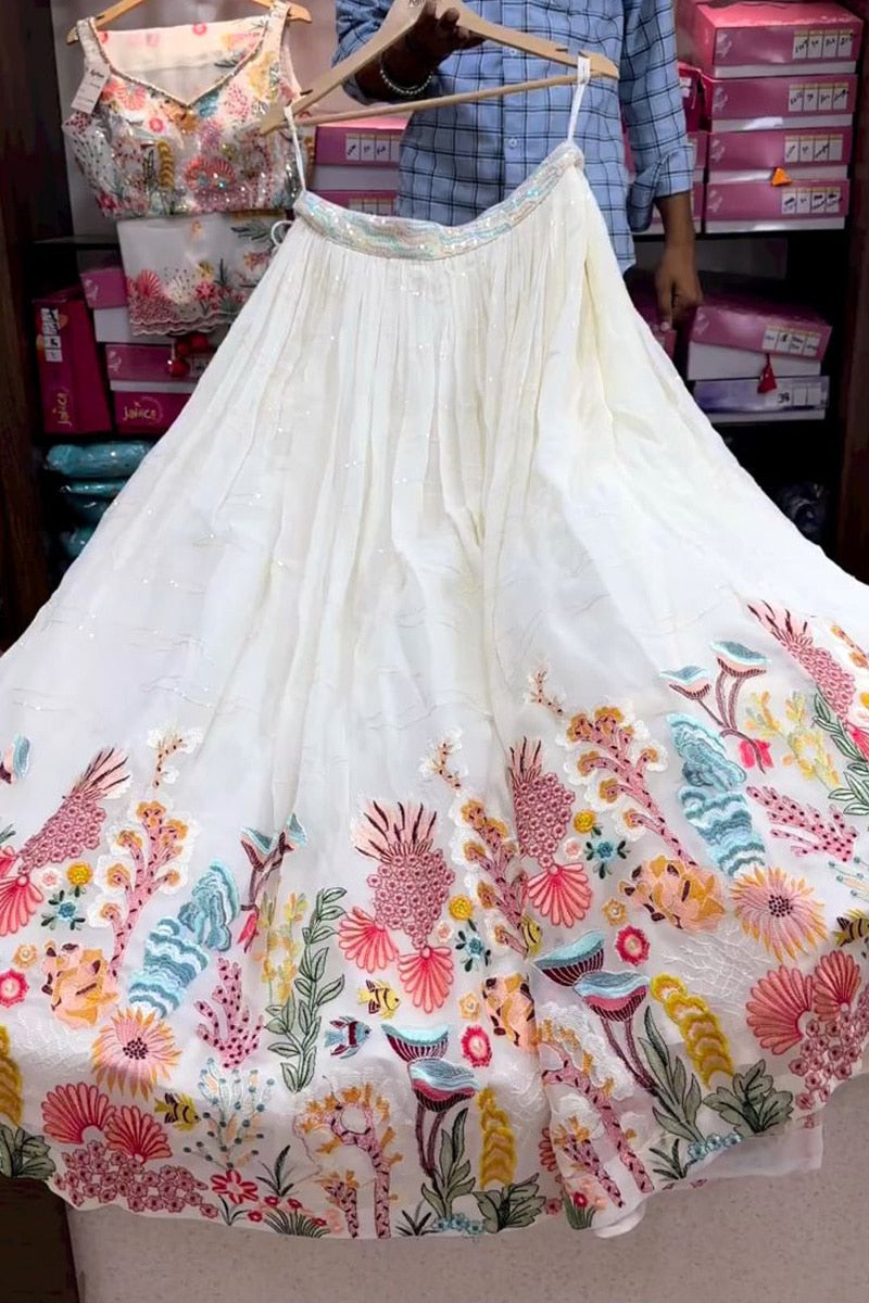 White Floral Multi Color Embroidery Georgette Lehenga Choli