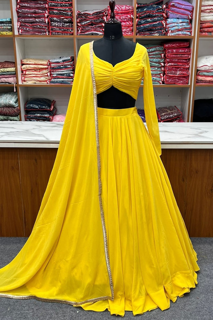 Full Flairy Full Stitched Yellow Designer Georgette Lehenga Choli