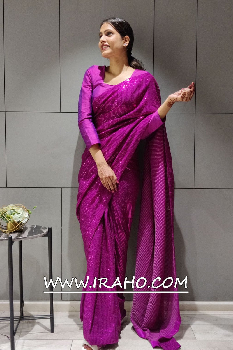 Rani Pink Georgette Sequence Ready To Wear Saree