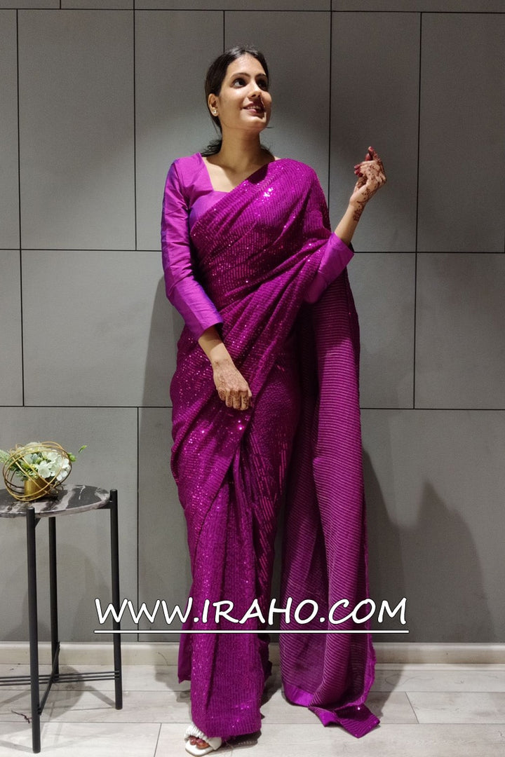 Rani Pink Georgette Sequence Ready To Wear Saree