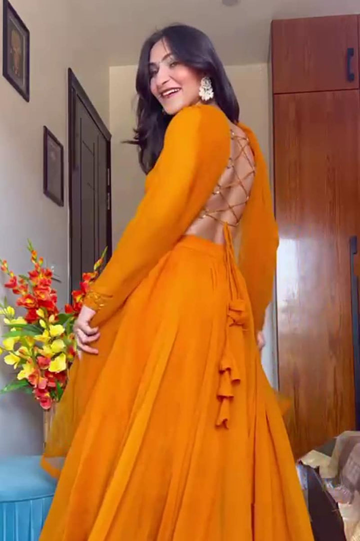 Full Flairy Full Stitched Orange Yellow Designer Georgette Lehenga Choli