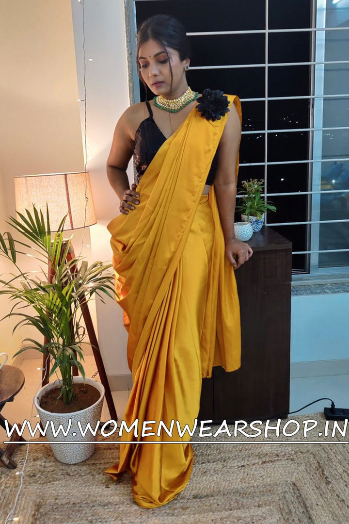 Yellow Haldi Satin Silk Ready To Wear Saree With Shoulder Broach