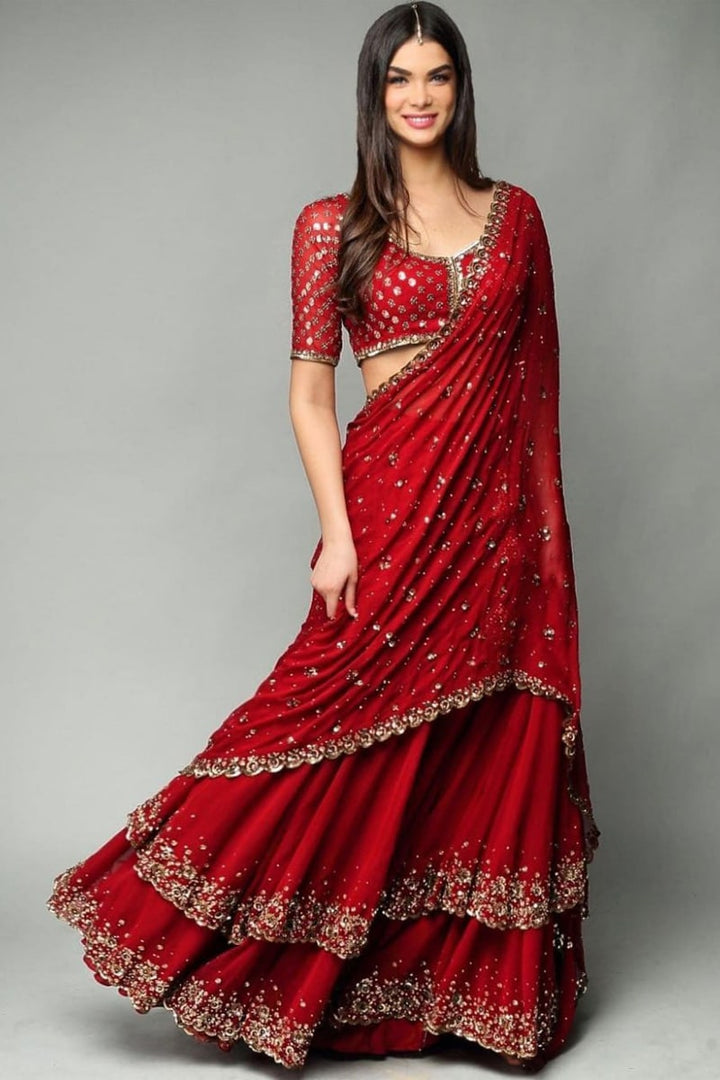 Maroon Double Layer Sequence Embroderied Georgette Lehenga Choli