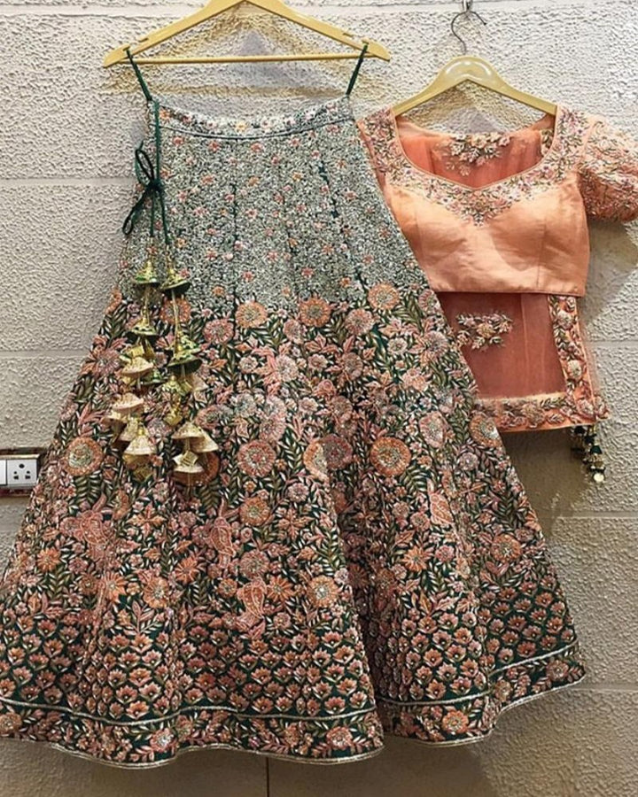 Greenish Peach Designer Embroidery Lehenga Choli