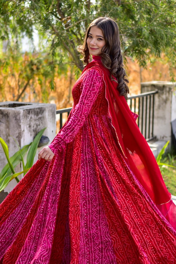 Pink Bandhej Gown with Dupatta