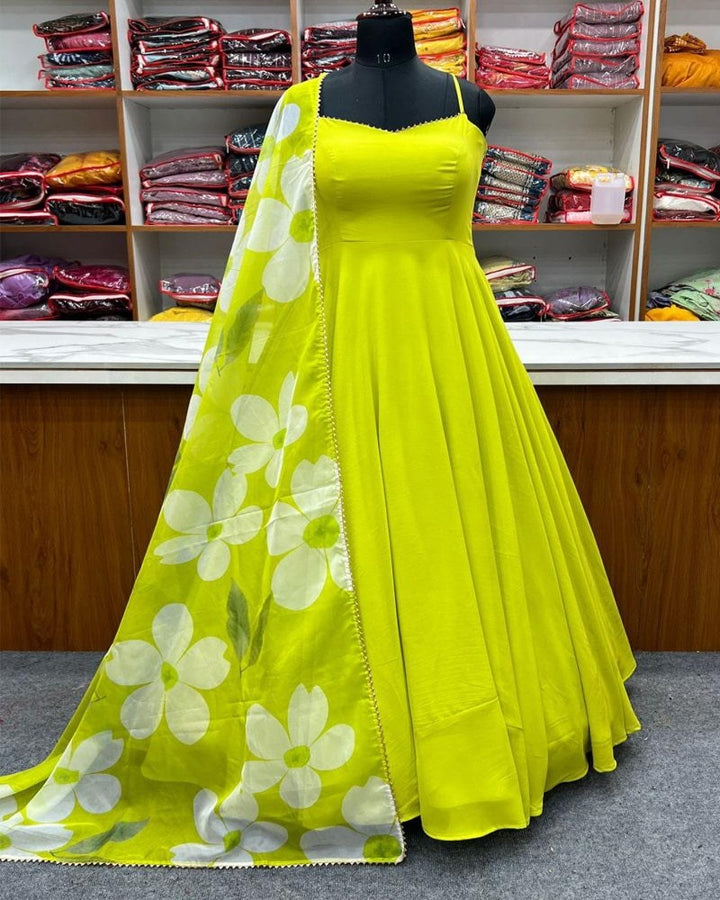 Parrot Green Color Pure Soft Fox Georgette Gown With Dupatta
