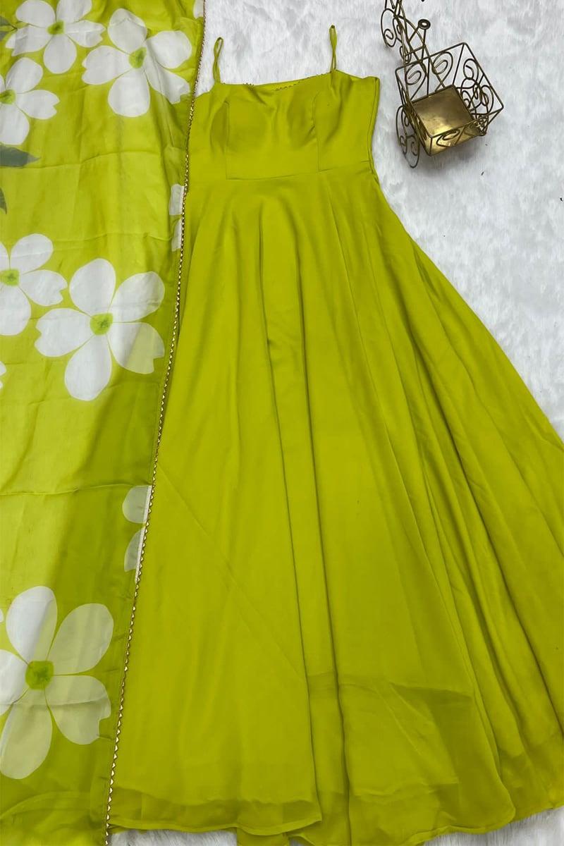 Parrot Green Color Pure Soft Fox Georgette Gown With Dupatta