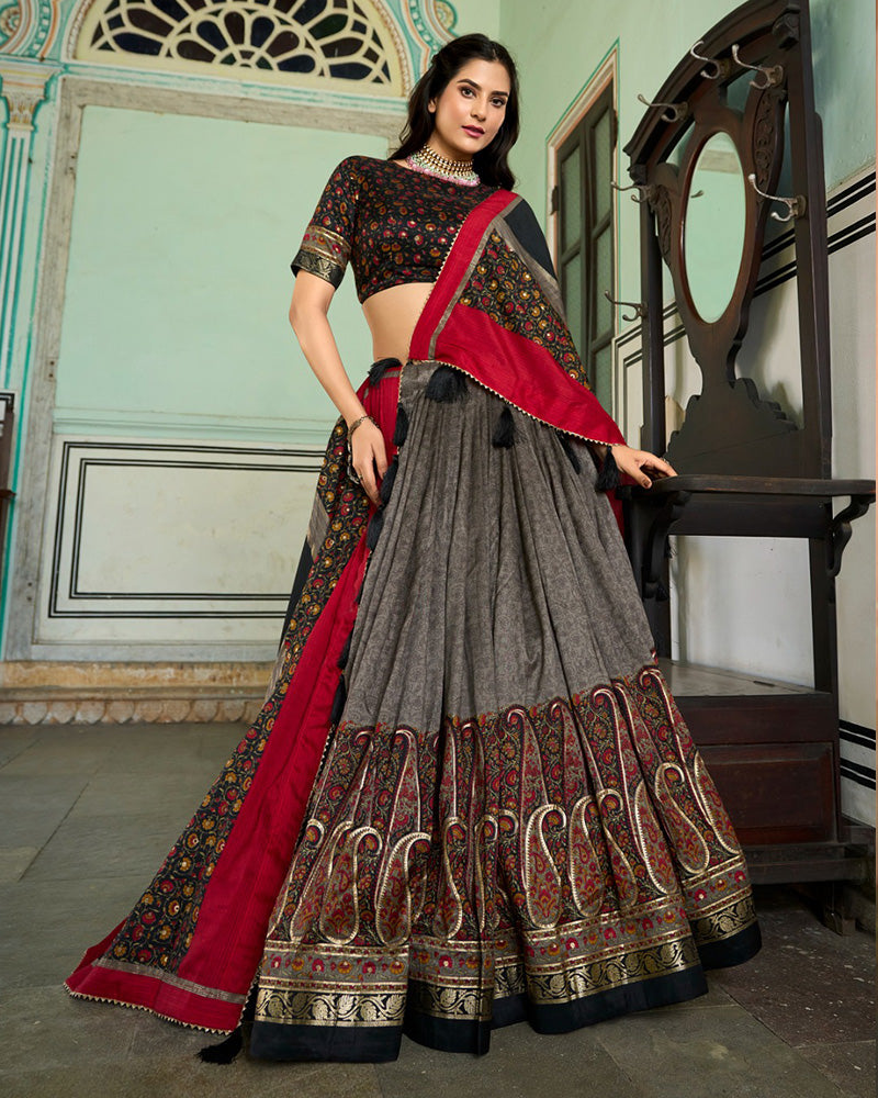 Grey Color Tussar Silk Designer Lehenga Choli