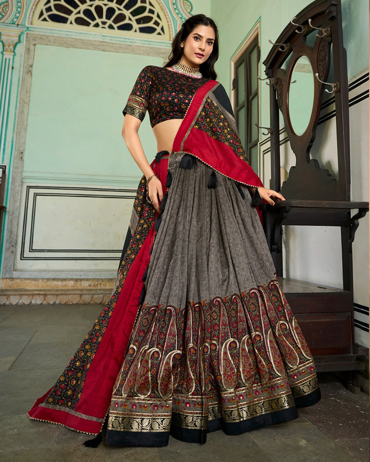 Grey Color Tussar Silk Designer Lehenga Choli