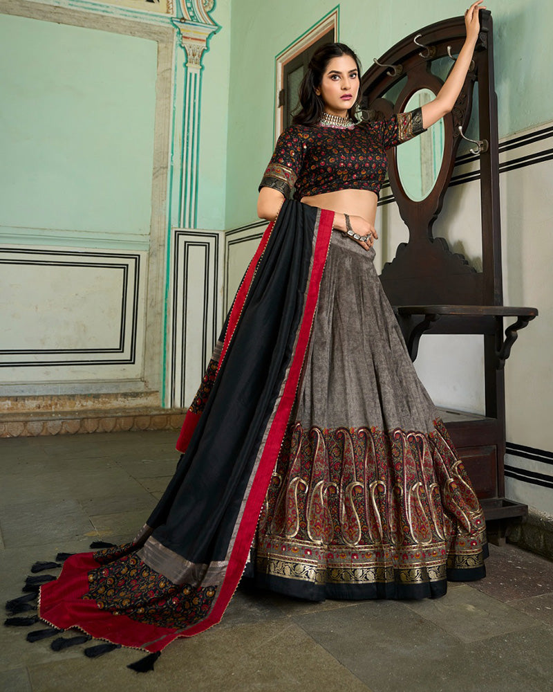 Grey Color Tussar Silk Designer Lehenga Choli
