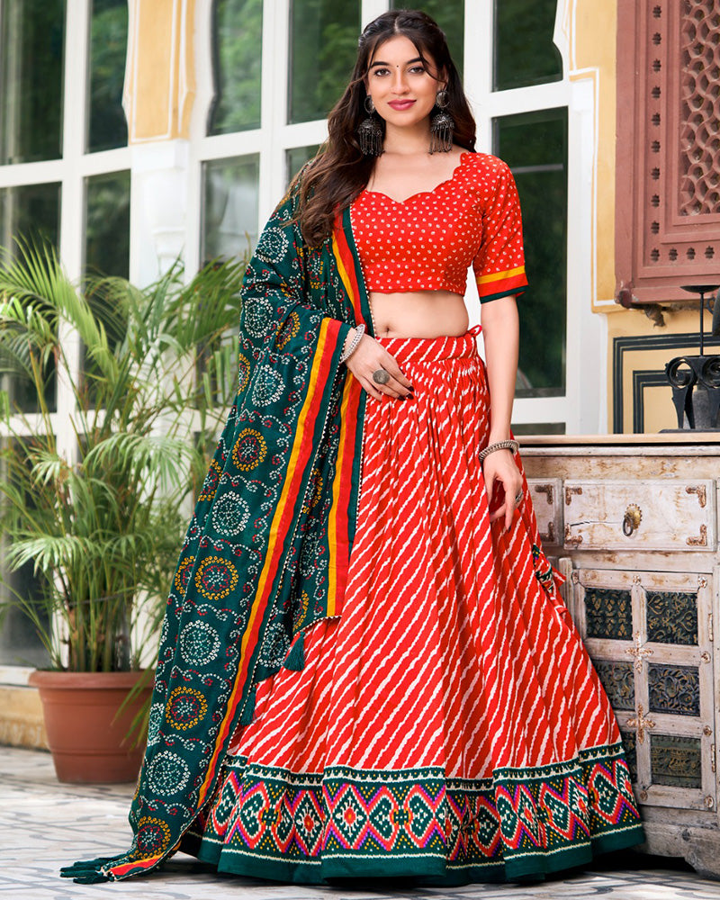 Laheriya Printed Red Color Tussar Silk Lehenga Choli