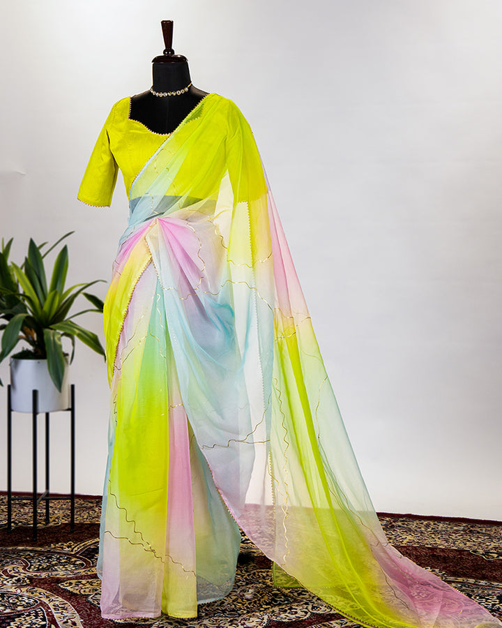 Mint Color Floral & Foil Printed Organza Saree With Plain Blouse