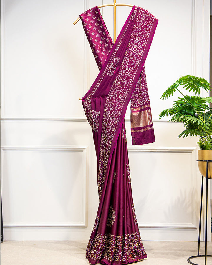 Wine Semi Gaji Satin & Printing With Foil Work Saree