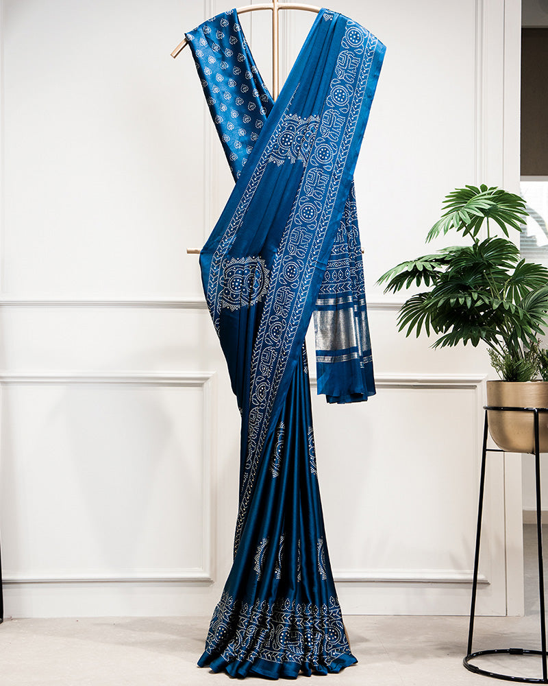 Teal Semi Gaji Satin & Printing With Foil Work Saree