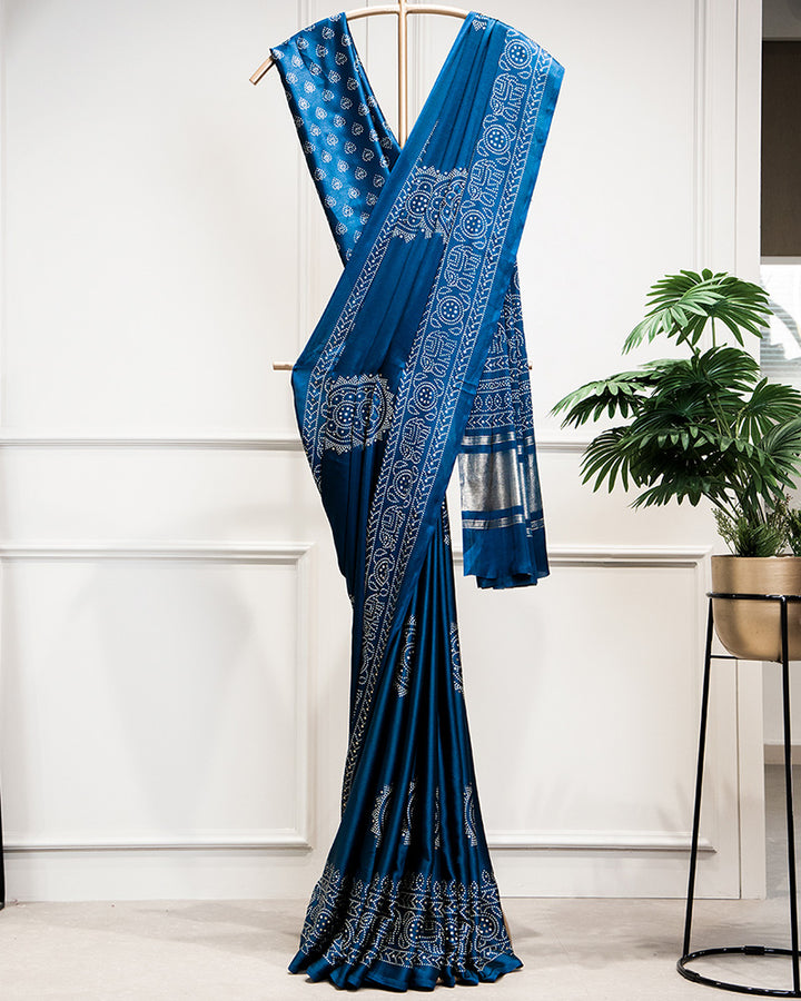 Teal Semi Gaji Satin & Printing With Foil Work Saree