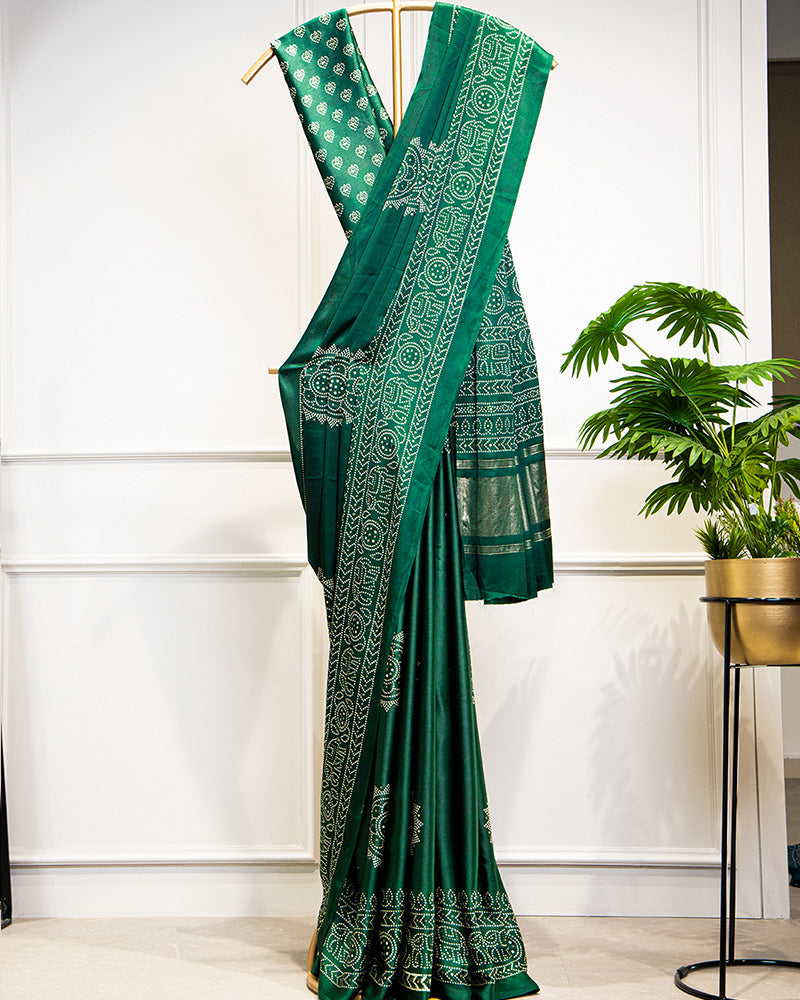 Green Semi Gaji Satin & Printing With Foil Work Saree