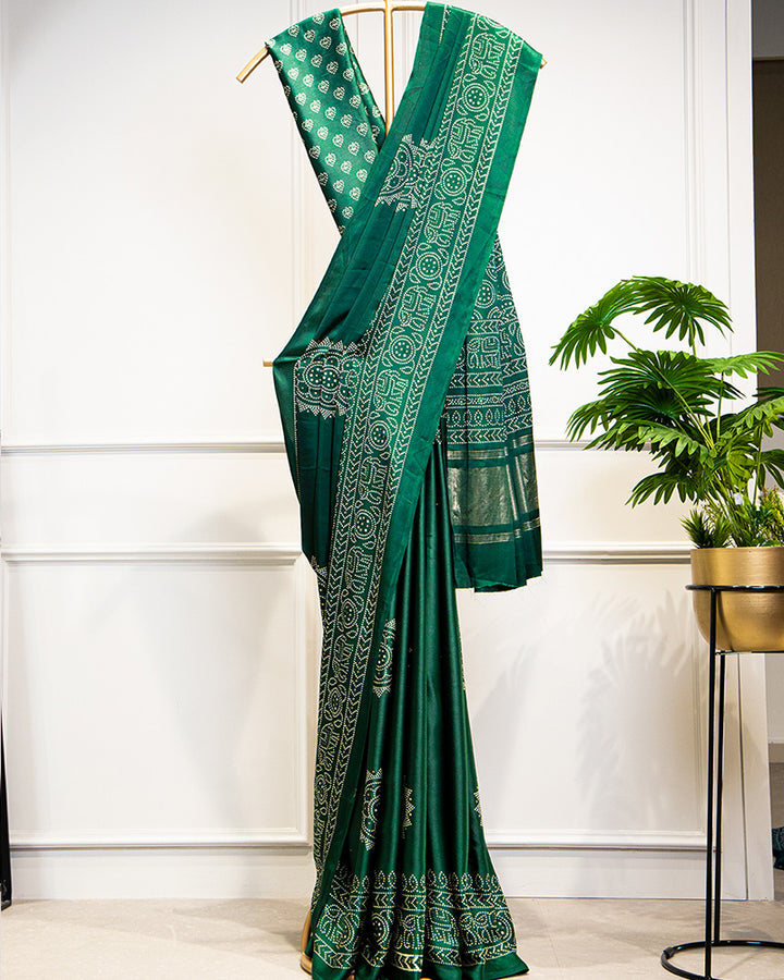 Green Semi Gaji Satin & Printing With Foil Work Saree