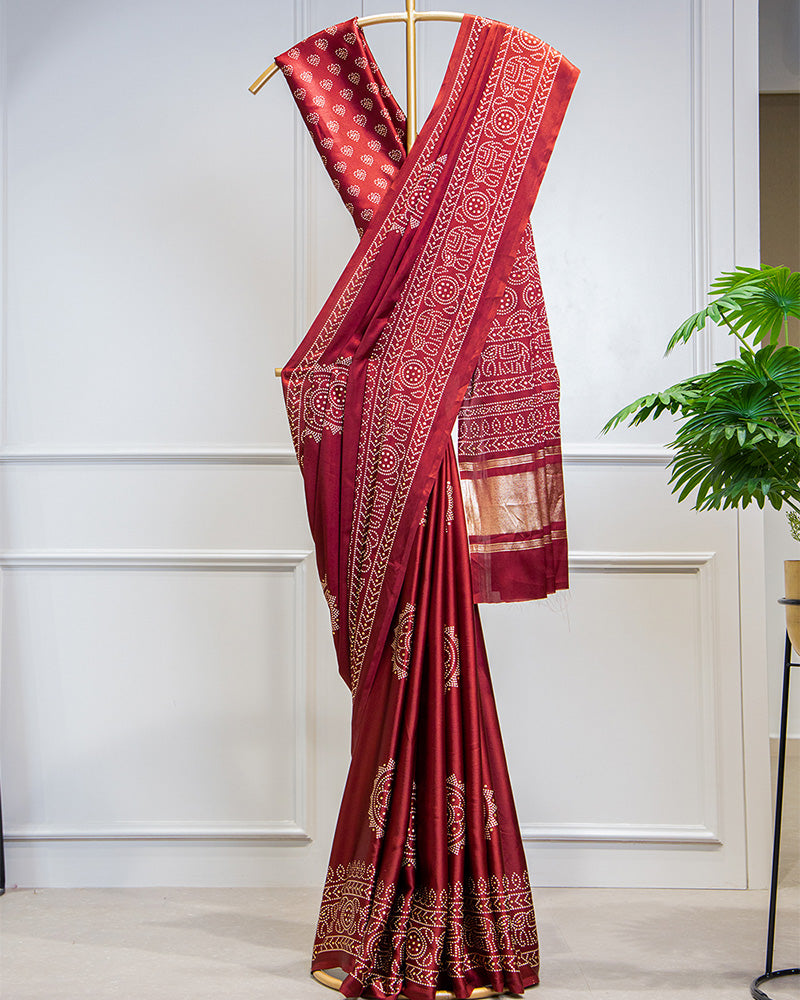 Maroon Semi Gaji Satin & Printing With Foil Work Saree