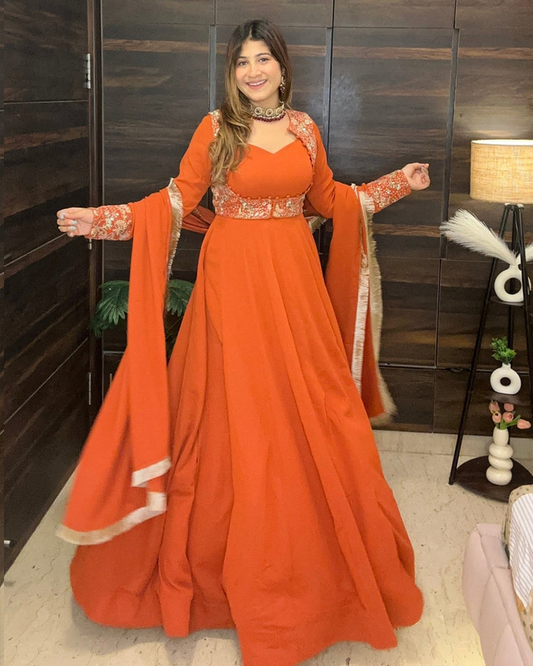 Dust Orange Heavy Traditional Koti Anarkali Suit Set