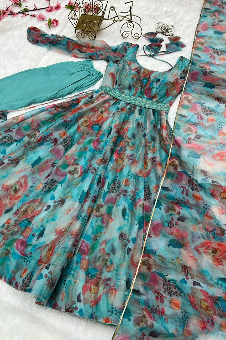 Floral Sky Blue Organza Tebby Silk Anarkali Suit With Dupatta
