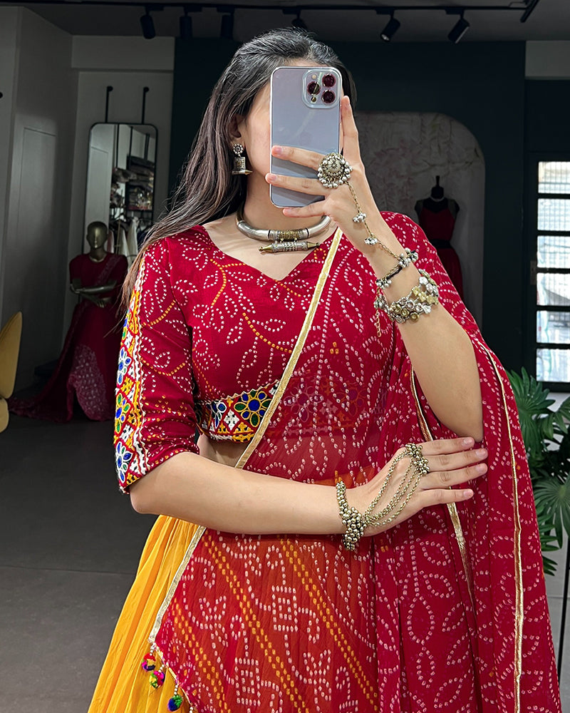 Yellow Color Chanderi Bandhani Print Navratri Lehenga Choli