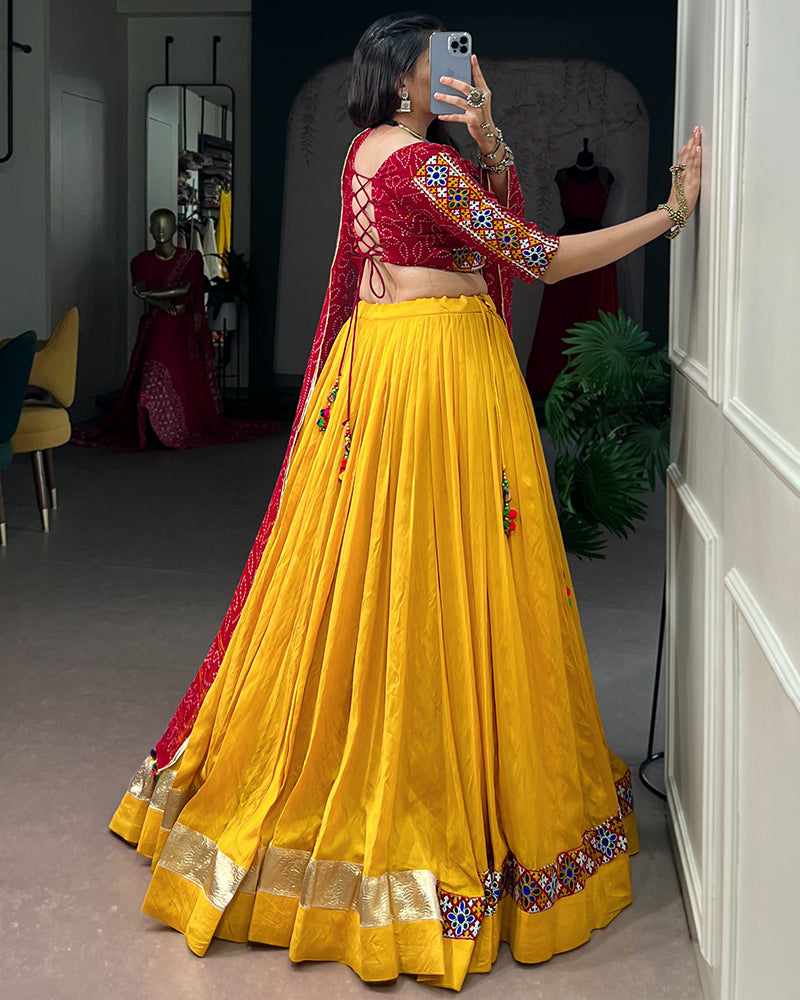Yellow Color Chanderi Bandhani Print Navratri Lehenga Choli