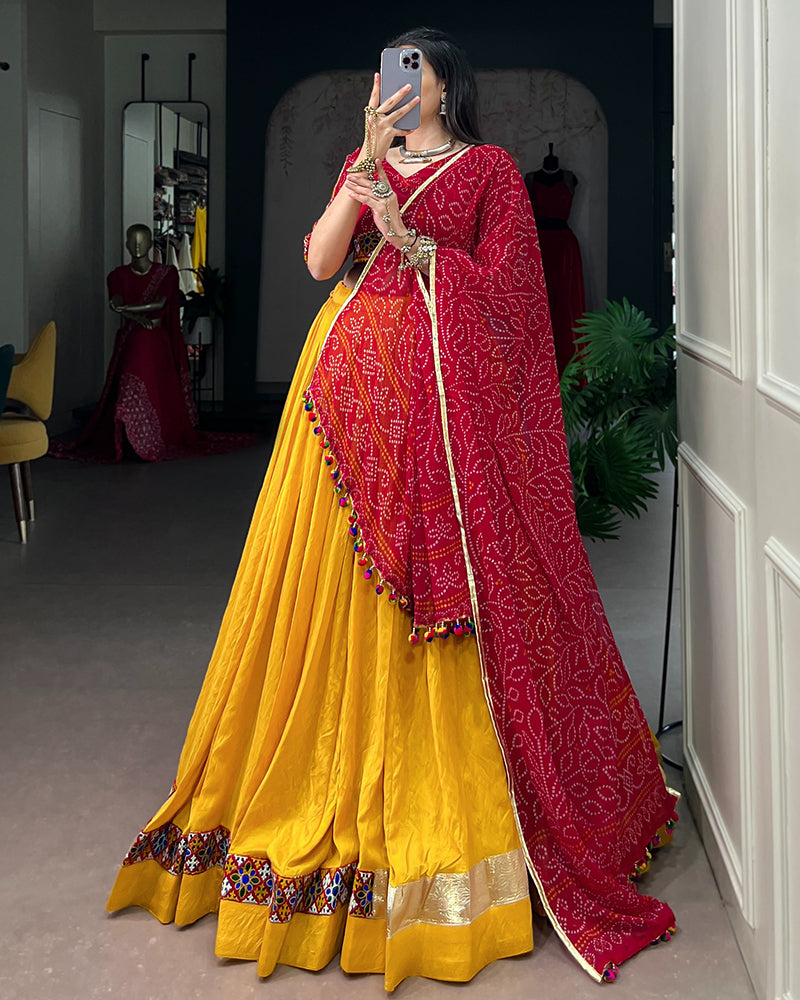 Yellow Color Chanderi Bandhani Print Navratri Lehenga Choli
