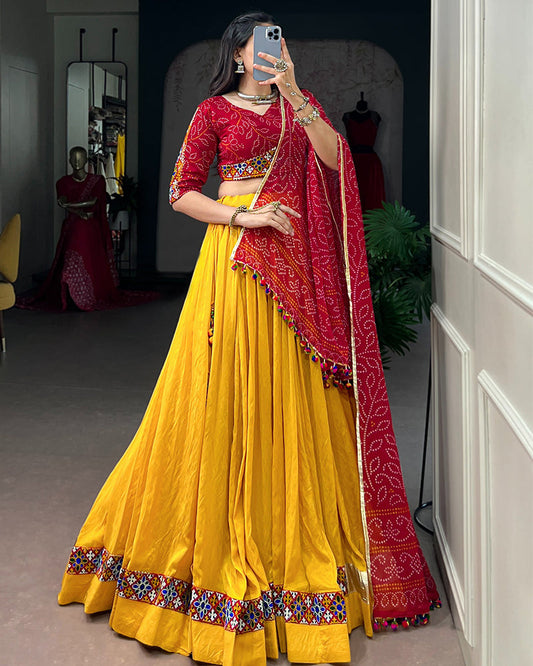 Yellow Color Chanderi Bandhani Print Navratri Lehenga Choli