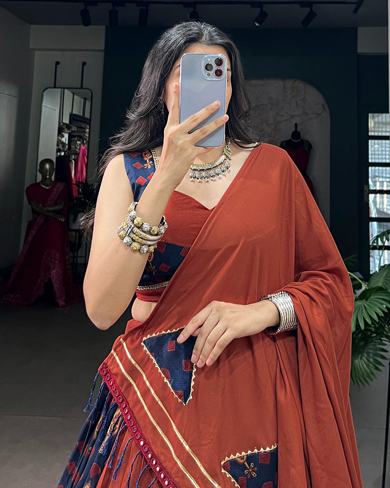 Orange And Blue Color Rayon Tussar Silk Navratri Lehenga Choli