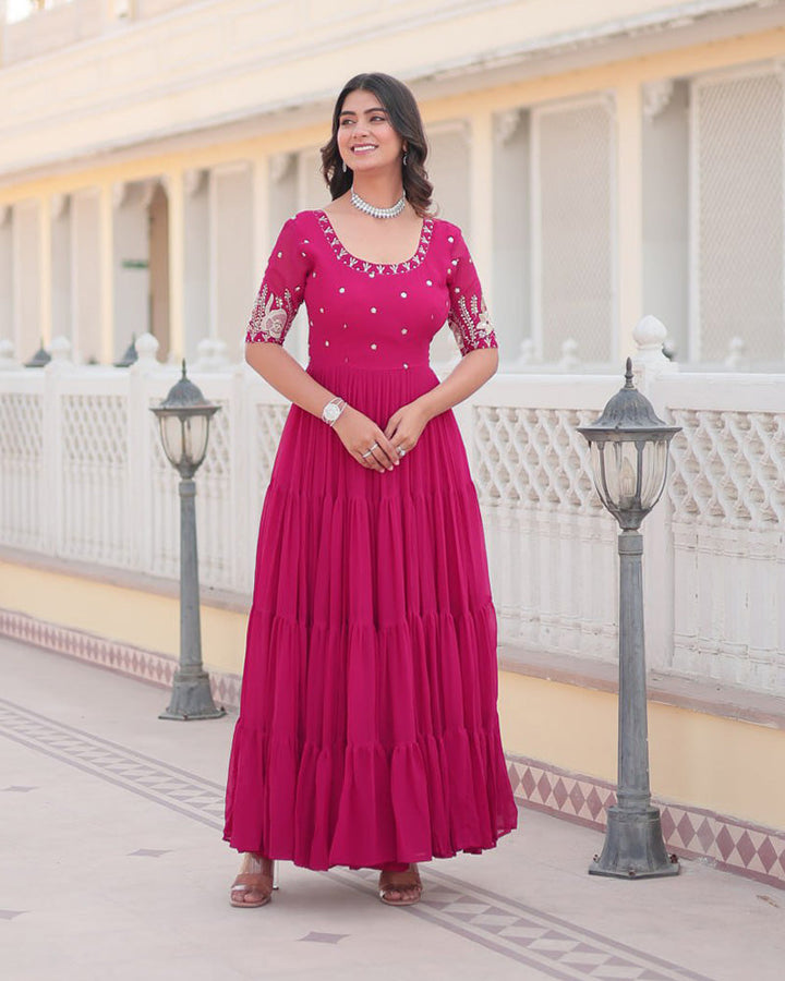 Pink Color Four Layer Georgette Embroidered Gown