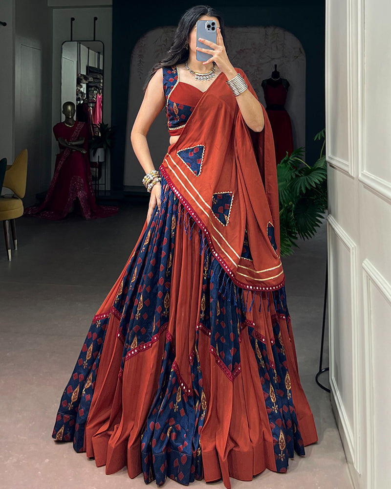 Orange And Blue Color Rayon Tussar Silk Navratri Lehenga Choli