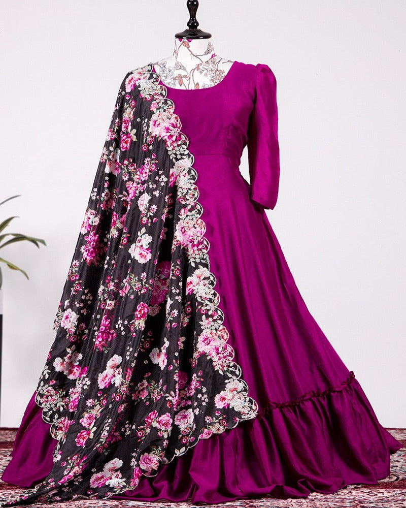 Purple Plain Vichitra Silk Party Wear Gown