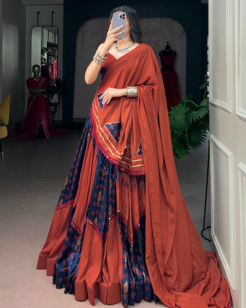 Orange And Blue Color Rayon Tussar Silk Navratri Lehenga Choli