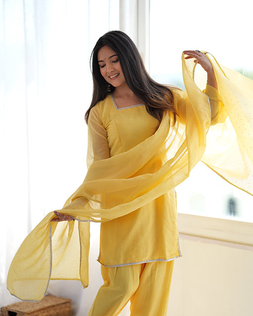 Yellow Color Crunchy Silk Farshi Suit