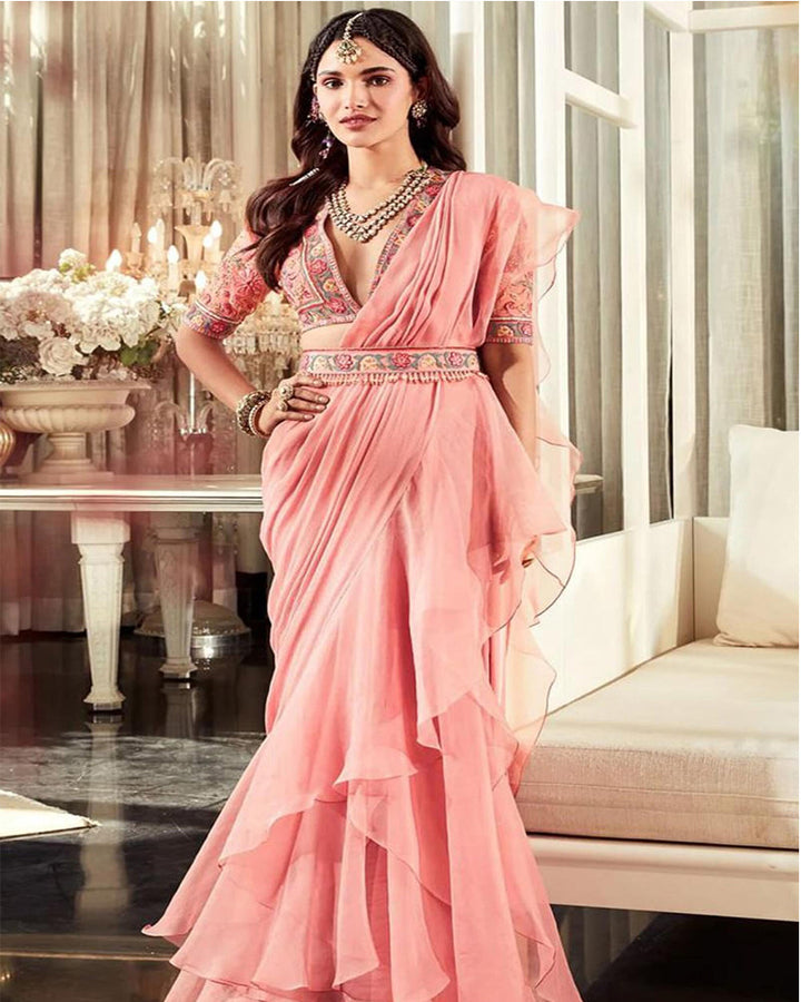 Peach Color Sequence Organza Raffle Saree