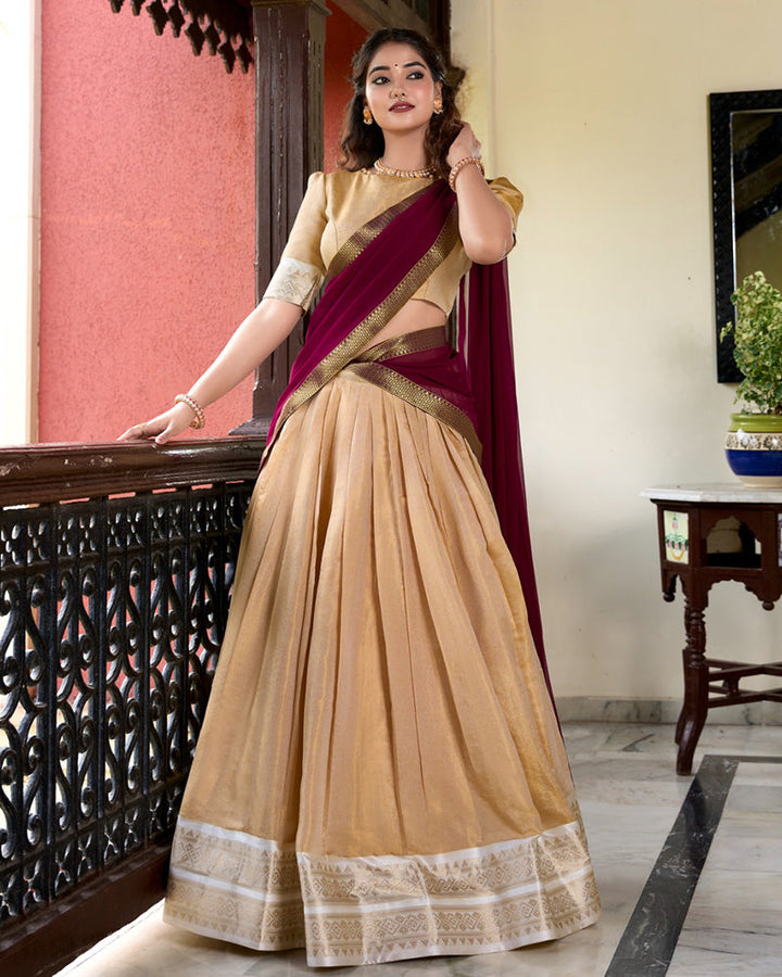 Cream Color Kanchipuram Designer Half Saree