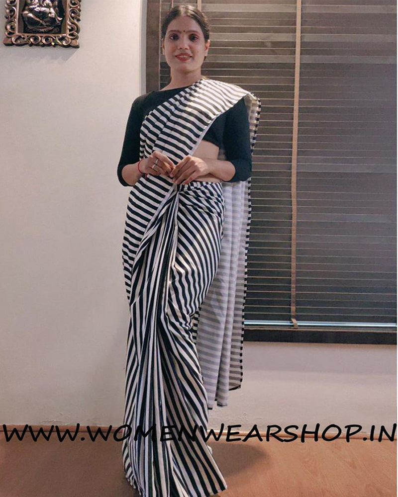 Stripe Black and White Satin Silk Ready To Wear Saree